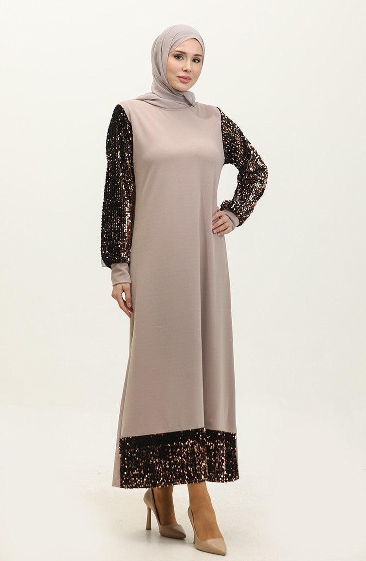 Sefa Merve Sequined Evening Dress 0305-06 Beige  - Image 2