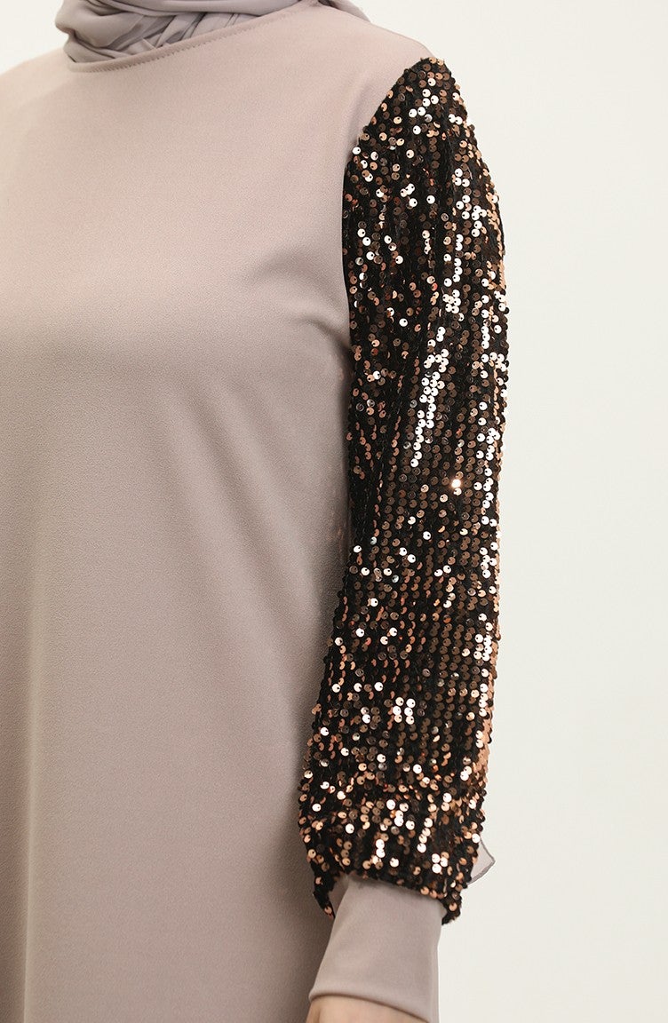 Sefa Merve Sequined Evening Dress 0305-06 Beige  - Image 4