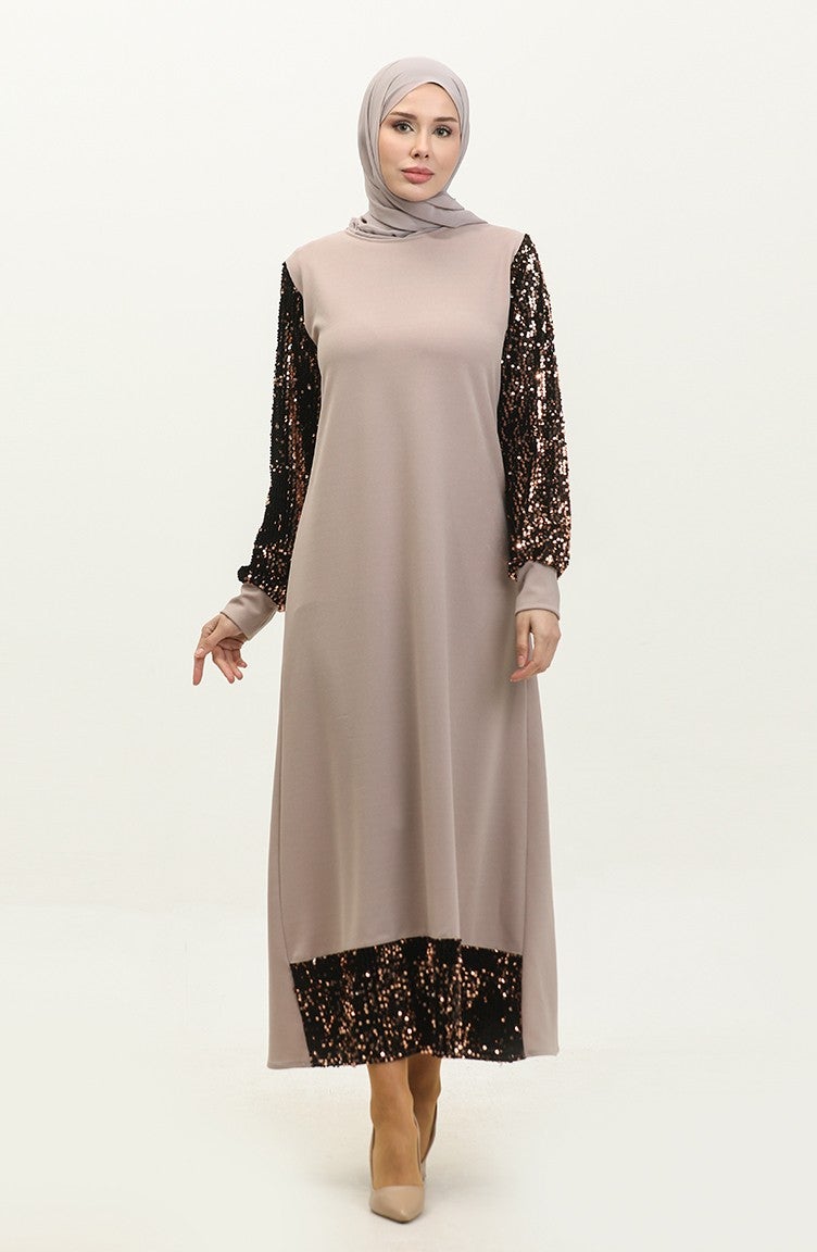 Sefa Merve Sequined Evening Dress 0305-06 Beige  - Image 1