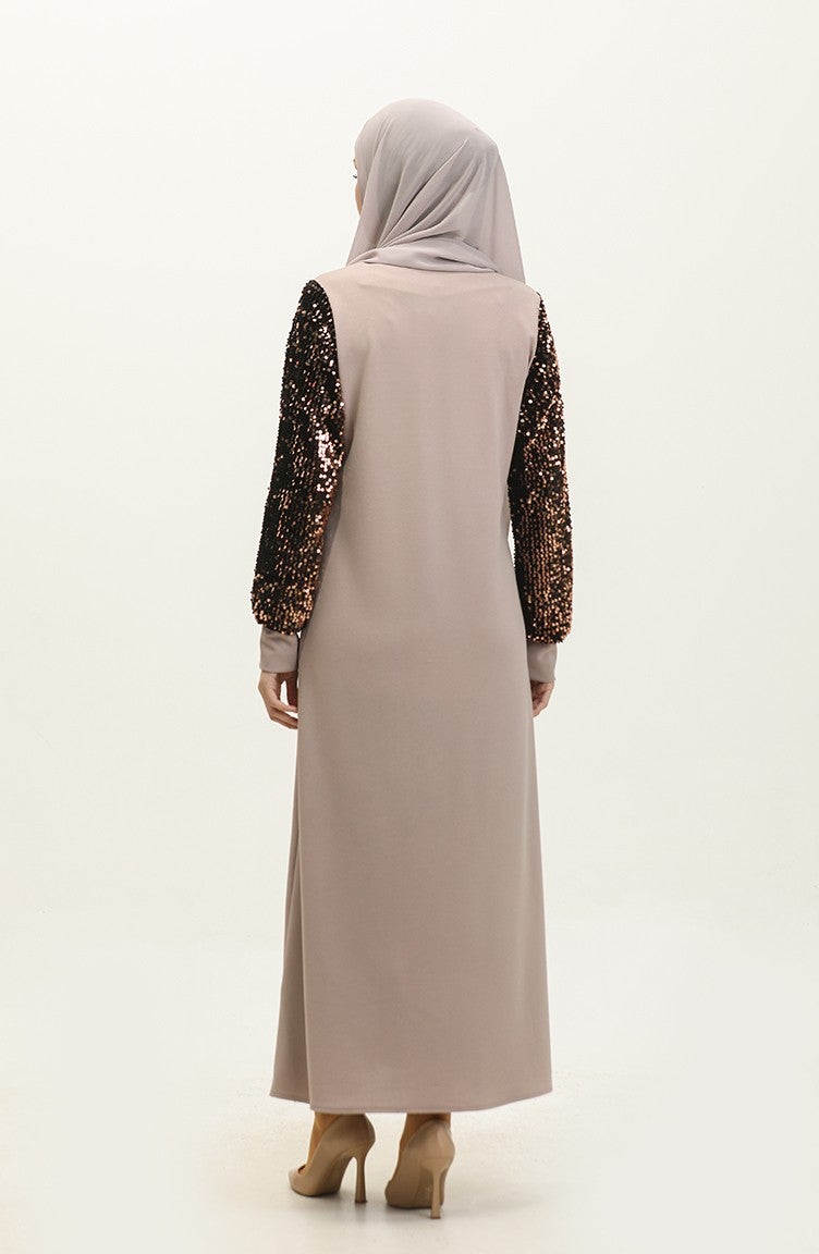 Sefa Merve Sequined Evening Dress 0305-06 Beige  - Image 5