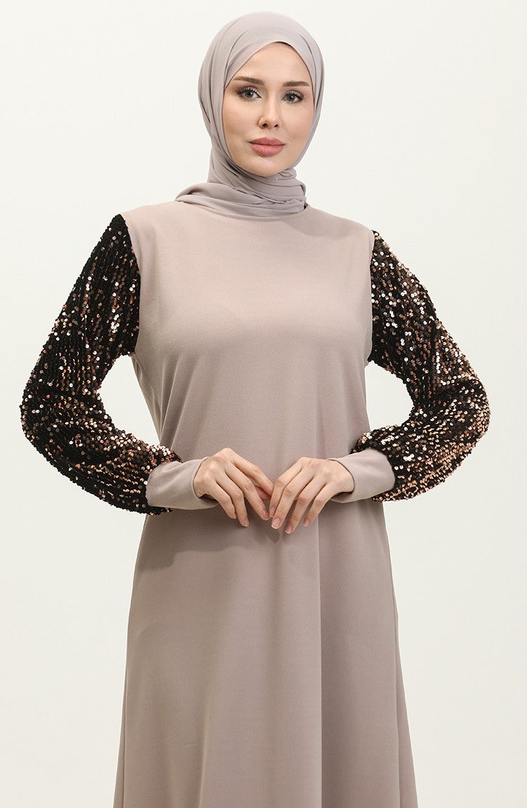 Sefa Merve Sequined Evening Dress 0305-06 Beige  - Image 3