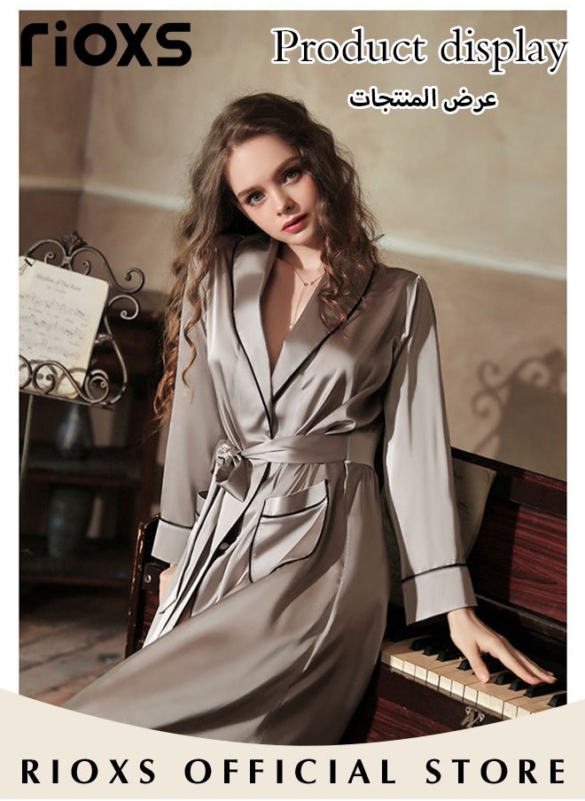 RIOXS Women's Silky Robe Lightweight Kimono Bathrobe Long Belted Sleepwear Soft Loungewear With Pockets And Belts  - Image 5