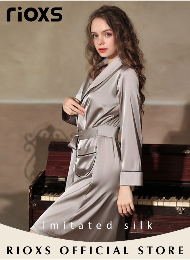 RIOXS Women's Silky Robe Lightweight Kimono Bathrobe Long Belted Sleepwear Soft Loungewear With Pockets And Belts  - Image 4
