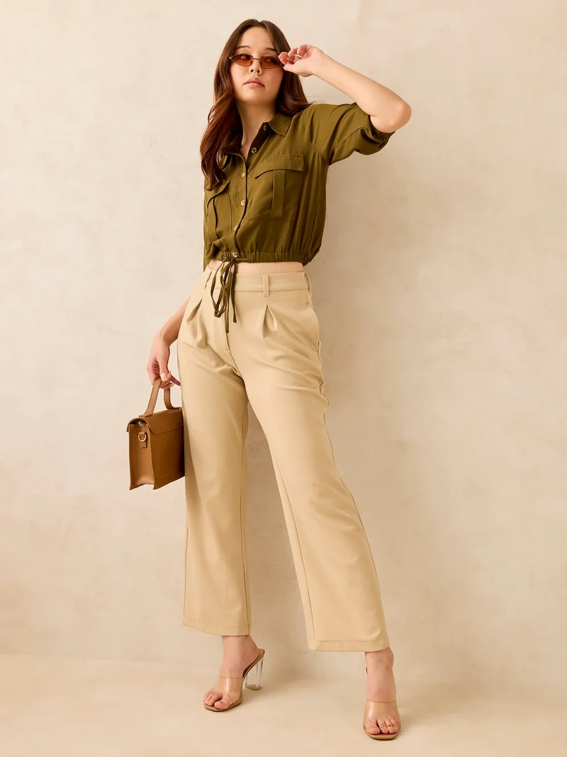 OUTZIDR Brown High Waisted Wide Leg Trousers