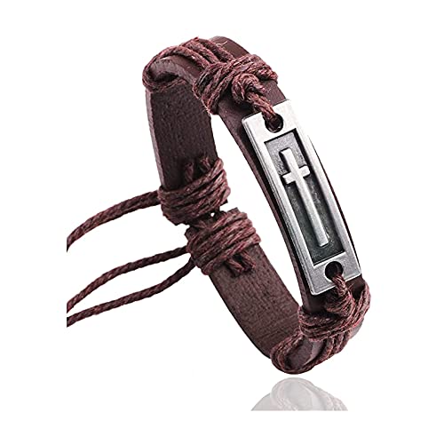 Fusamk Fashion Cross Tag Bangle Adjustable Leather Cuff Wristband Drawstring Rope Bracelet(Brown) - Image 1