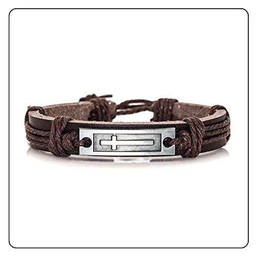 Fusamk Fashion Cross Tag Bangle Adjustable Leather Cuff Wristband Drawstring Rope Bracelet(Brown) - Image 3