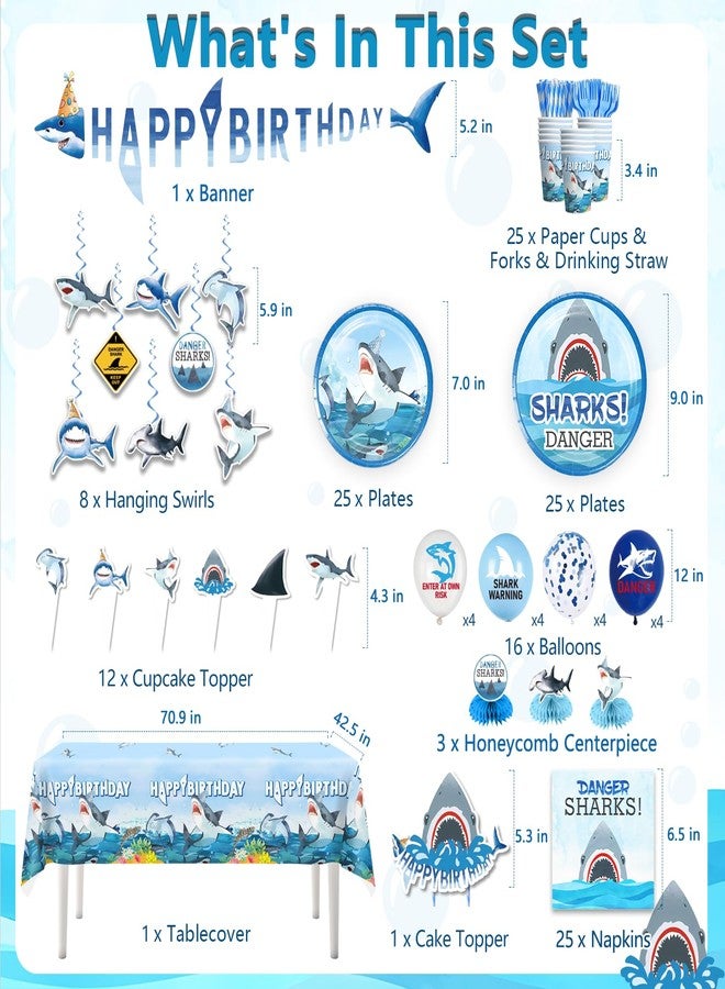 cocomigo 197 Pcs Shark Birthday Party Decorations Tableware Set, Shark Party Supplies Include Banner, Plates, Tablecloth, Cake Topper and Balloons Etc, for Shark Themed Decorations Serves 25 Guests - Image 2
