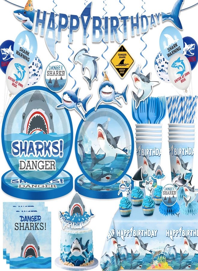 cocomigo 197 Pcs Shark Birthday Party Decorations Tableware Set, Shark Party Supplies Include Banner, Plates, Tablecloth, Cake Topper and Balloons Etc, for Shark Themed Decorations Serves 25 Guests - Image 1