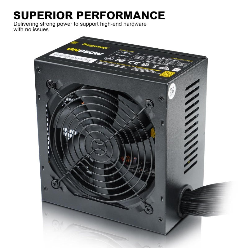Segotep 650W 80 Plus Gold Certified Non-Modular ATX Power Supply with 6+2 Pin Connectors PFC Protection and RoHS Compliance, 120mm Silent Fan Gaming PSU GN-650 Black - Image 4