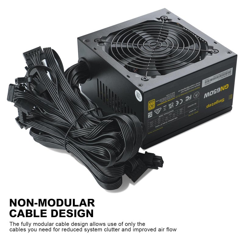 Segotep 650W 80 Plus Gold Certified Non-Modular ATX Power Supply with 6+2 Pin Connectors PFC Protection and RoHS Compliance, 120mm Silent Fan Gaming PSU GN-650 Black - Image 3
