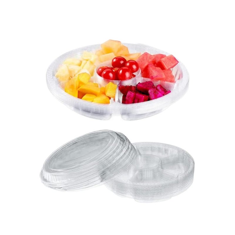 Jilukibo Clear Plastic Appetizer Trays with Lids Travel Round Disposable Compartment Serving Platters6 Sectional Catering Trays for Vegetable Salad Food for Fruit Veggie Snack Food Containers 12 Pack
