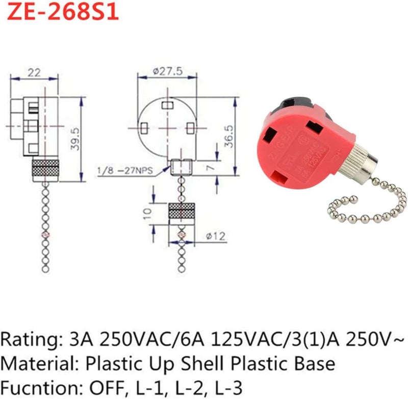 DAYONE Zing Ear ZE-268S1 3 Speed 4 Wire Ceiling Fan Switch Replacement, Pull Chain Control, Nickel, 2PCS - Image 2