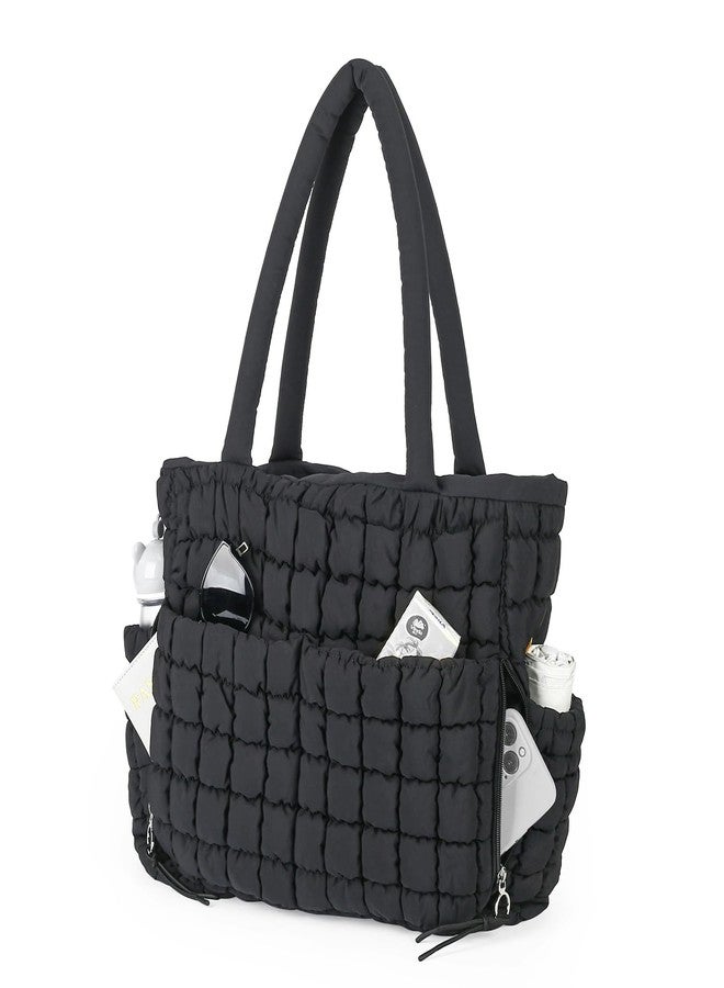 Herald Quilted Puffer Tote Bag for Women, Bubble Puffy Handbag with Compartments, Shoulder Purse for Work Travel Gym (Black) - Image 1