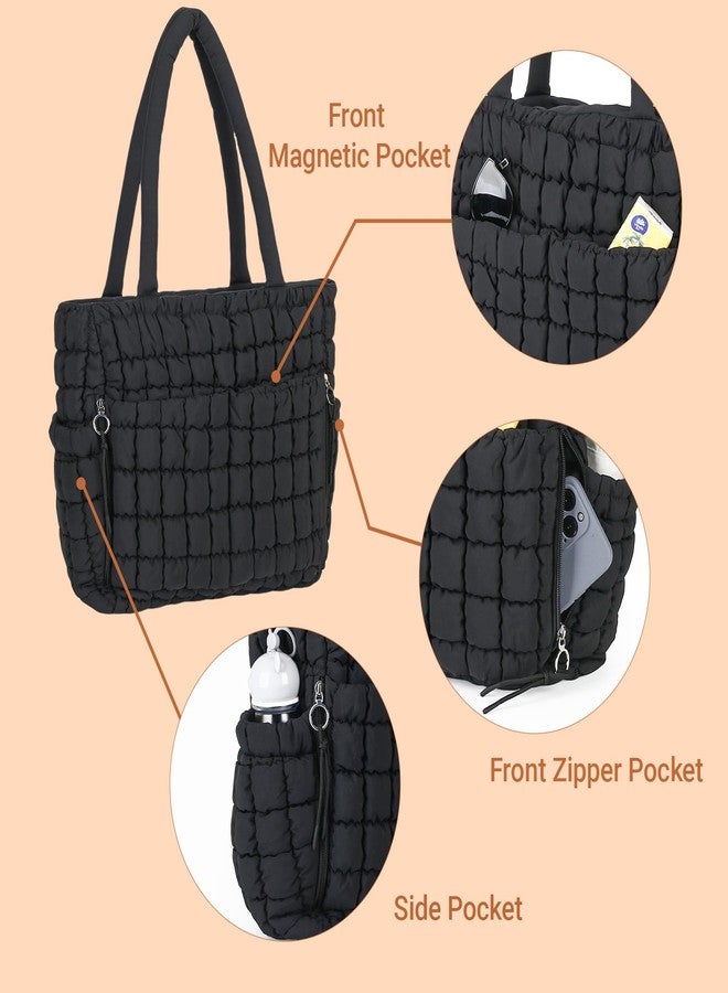 Herald Quilted Puffer Tote Bag for Women, Bubble Puffy Handbag with Compartments, Shoulder Purse for Work Travel Gym (Black) - Image 5