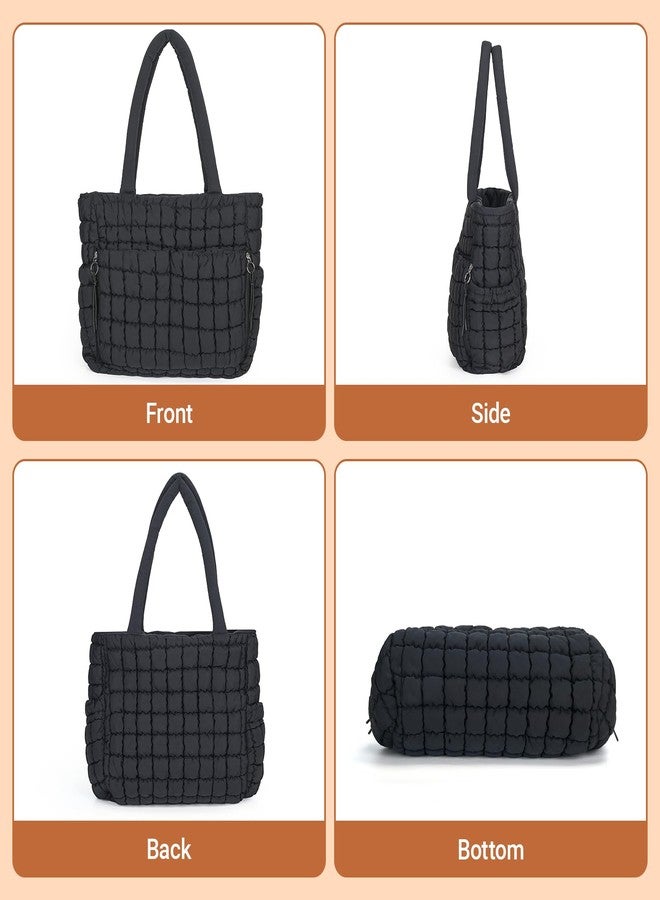Herald Quilted Puffer Tote Bag for Women, Bubble Puffy Handbag with Compartments, Shoulder Purse for Work Travel Gym (Black) - Image 4