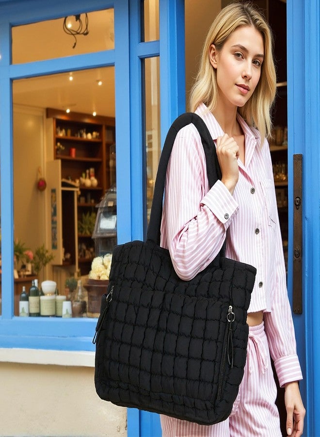 Herald Quilted Puffer Tote Bag for Women, Bubble Puffy Handbag with Compartments, Shoulder Purse for Work Travel Gym (Black) - Image 3