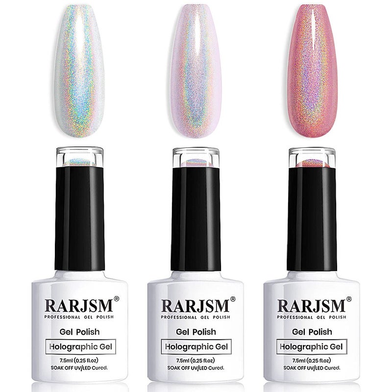 RARJSM Holographic Nail Polish Set 3PCS Rose Gold Silver Red Gel Polish Kit Soak off Nail Gel with Glitter Mermaid Unicorn Effect Curing Required for Nail Art Design Manicure Salon DIY at Home - Image 1