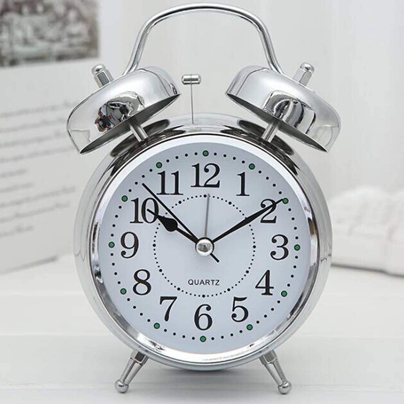 SHREE HANS CREATION SHREE HANS CREATION Vintage Twin Bell Table Top Alarm Clock with Night LED Light Analog Display Extra Loud Alarm Sound Steel Clock for Wakeup Time Morning Walk Home DecorSilver White 11cm  - Image 3