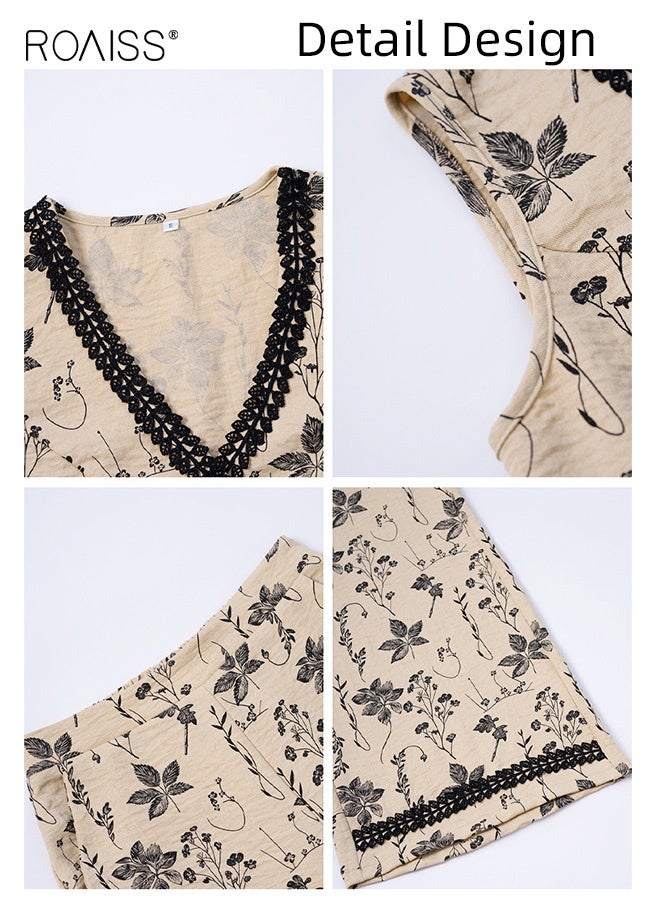 roaiss Women Bohemian Printed Wide Leg Pants Set Lace Sleeveless Vest Cardigan European Inspired Flowy Two-Piece Outfit with Elastic Waist Comfort Fit Lightweight Summer Ensemble Apricot - Image 4