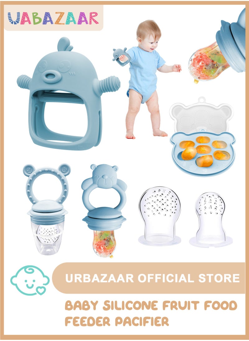 URbazaar 6PCS Baby Silicone Fruit Food Feeder Pacifier & Breastmilk Popsicle Freezer Molds, Chick Teether Toy & Baby Food Storage Containers Frozen Ice Tray for Baby Feeding Teething Safely, BPA Free  - Image 1