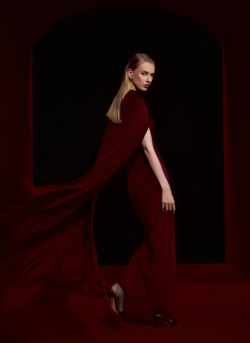 Lichi Jersey maxi dress with one-shoulder cape