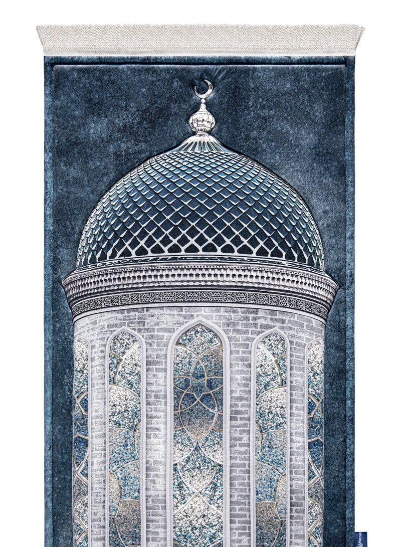 Luxurious highest quality 3D Mosque Dome Prayer Rug - Premium Soft Islamic Prayer Mat with Anti-Slip Base, Elegant Masjid Design, Thick Padded Muslim Prayer Carpet for Comfort & Spiritual Focus (Blue & Silver) - Image 1