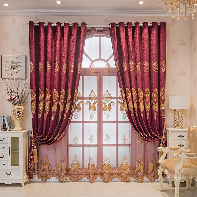 BURGUNDY RED CHENILLE CURTAIN WITH EMBROIDERED PATTERN FESTIVAL EUROPEAN CURTAINS FOR LIVING ROOM HOLIDAY CURTAINSGROMMET TOP 52 W X 84 LPACK OF 2