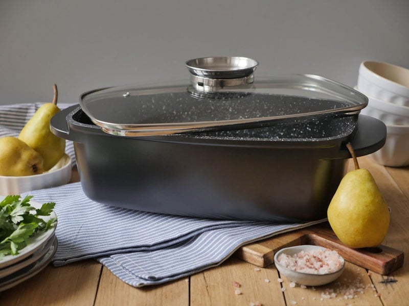 MUGATH 12 Inch Large Turkey Aluminum Roasting Pan with Lid - Nonstick Roaster Oven pan with Grooved Bottom for Basting, Roasting Pan for Oven Serves 1-5 People, Dishwasher Safe - Image 3