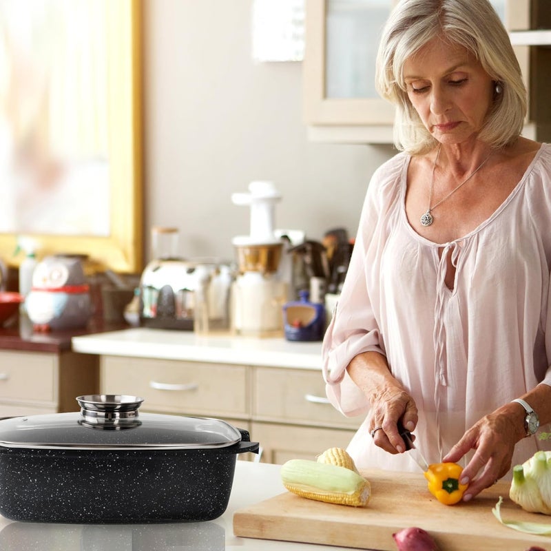 MUGATH 12 Inch Large Turkey Aluminum Roasting Pan with Lid - Nonstick Roaster Oven pan with Grooved Bottom for Basting, Roasting Pan for Oven Serves 1-5 People, Dishwasher Safe - Image 4