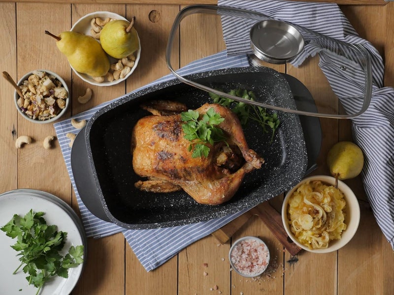 MUGATH 12 Inch Large Turkey Aluminum Roasting Pan with Lid - Nonstick Roaster Oven pan with Grooved Bottom for Basting, Roasting Pan for Oven Serves 1-5 People, Dishwasher Safe - Image 2