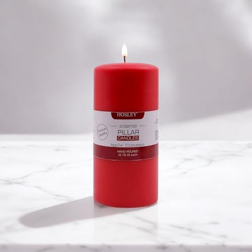 HOSLEY 6 Inch Long Apple Cinnamon Fragrance Red Pillar Candles|Candle for Decoration | Soy & Paraffin Wax Candles for Home Decor, Party, Wedding, Gifting|90 Hours Burn Time|2.75 Inch Dia |Pack of 1 - Image 2