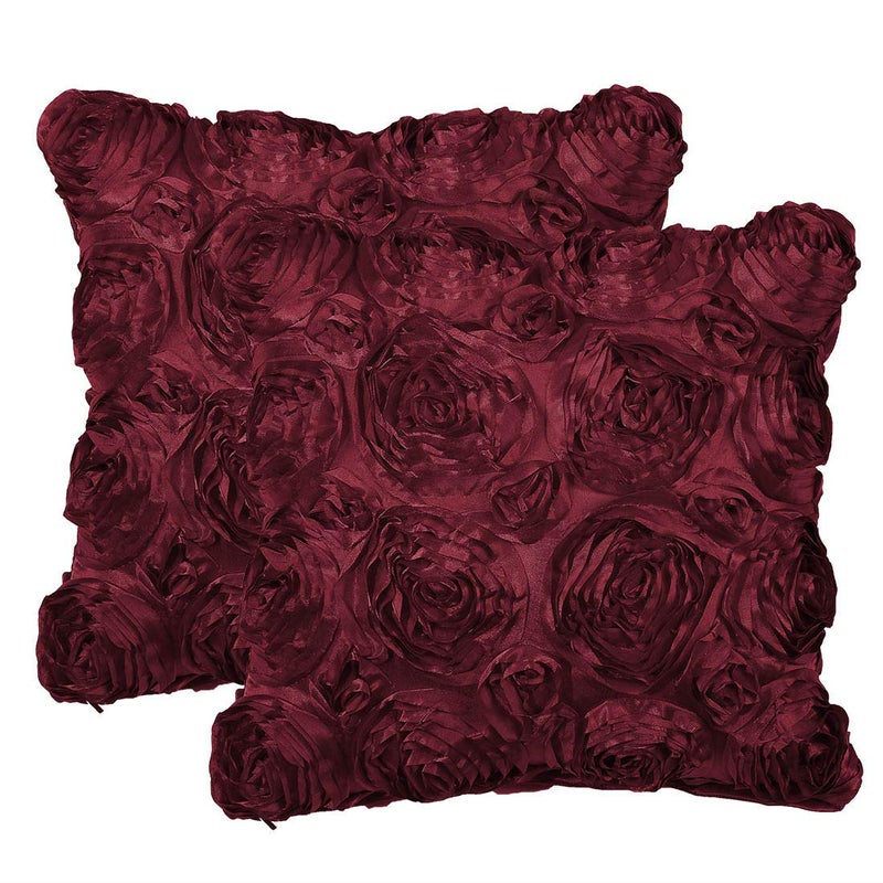 PiccoCasa 2 Pcs 3D Flowers Throw Pillow Cover, Romantic Decorative Satin Cushion Cover, Stereo Roses Pillow Cover for Bed Sofa Couch, 16'' x 16'', Wine Red - Image 1