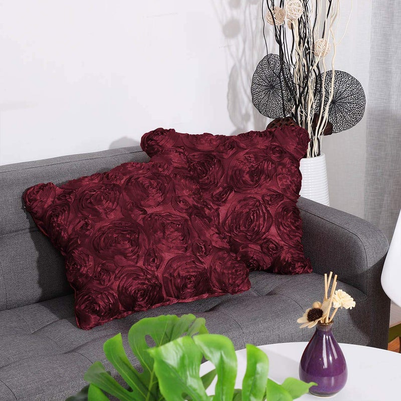 PiccoCasa 2 Pcs 3D Flowers Throw Pillow Cover, Romantic Decorative Satin Cushion Cover, Stereo Roses Pillow Cover for Bed Sofa Couch, 16'' x 16'', Wine Red - Image 2