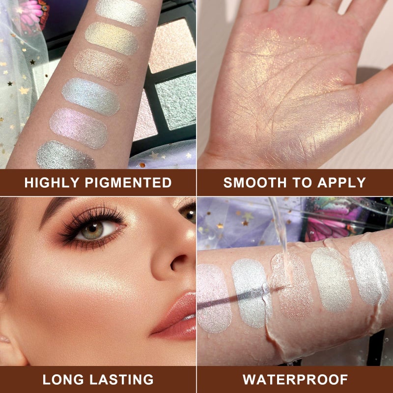 UCANBE Beauty Highlighter Makeup Palette - 6 Colors Shimmery Powder Makeup Palette Pearl White Blonde Blue Purple Silver Face Illuminator Palette Smooth Long Lasting Waterproof Blush Bronzer Kit - Image 4