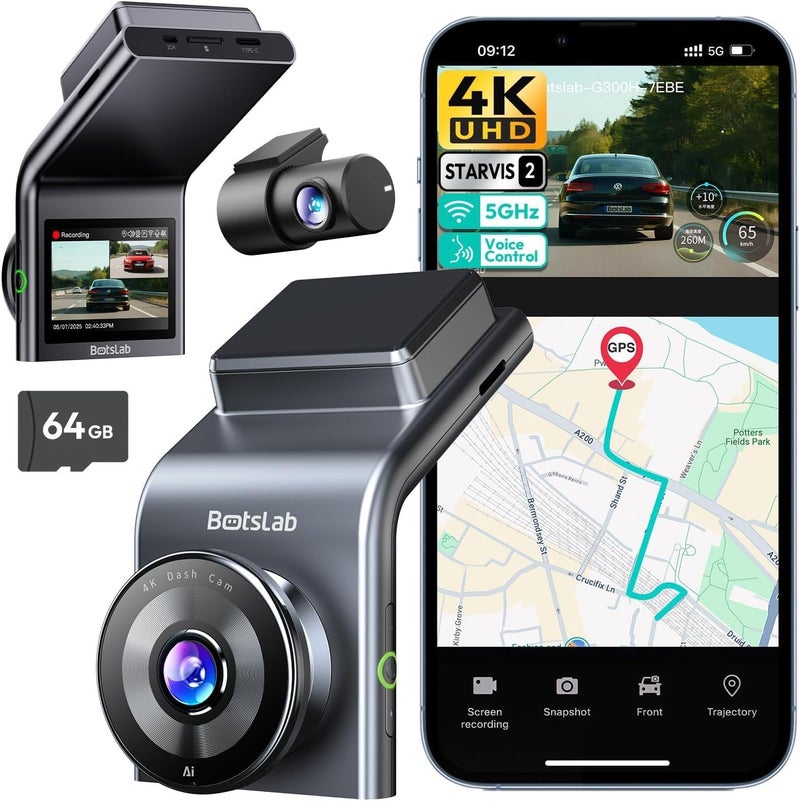 بوتسلاب BOTSLAB G300H Plus 4K STARVIS 2 Dash Cam Front and Rear, 64GB Card - Image 1