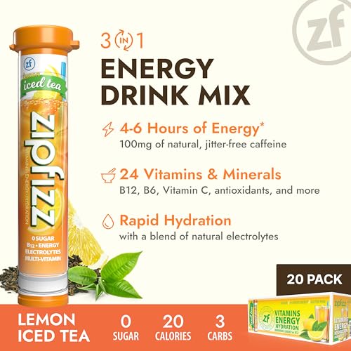 Zipfizz Daily Energy Drink Powder, Lemon Iced Tea, 20 Pack | 3-in-1 Sustained Energy, Rapid Hydration, and Essential Vitamins | Sugar-Free | Electrolyte Powder | Contains Vitamin B-12 & Antioxidants - Image 2
