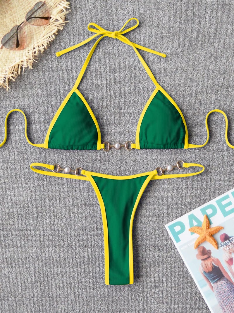 TASHEHE Women's Triangle Thong Bikini Set Sexy String Brazillian Two Piece Swimsuit Cute Bikini Bathing Suit - Green - Small - Image 5