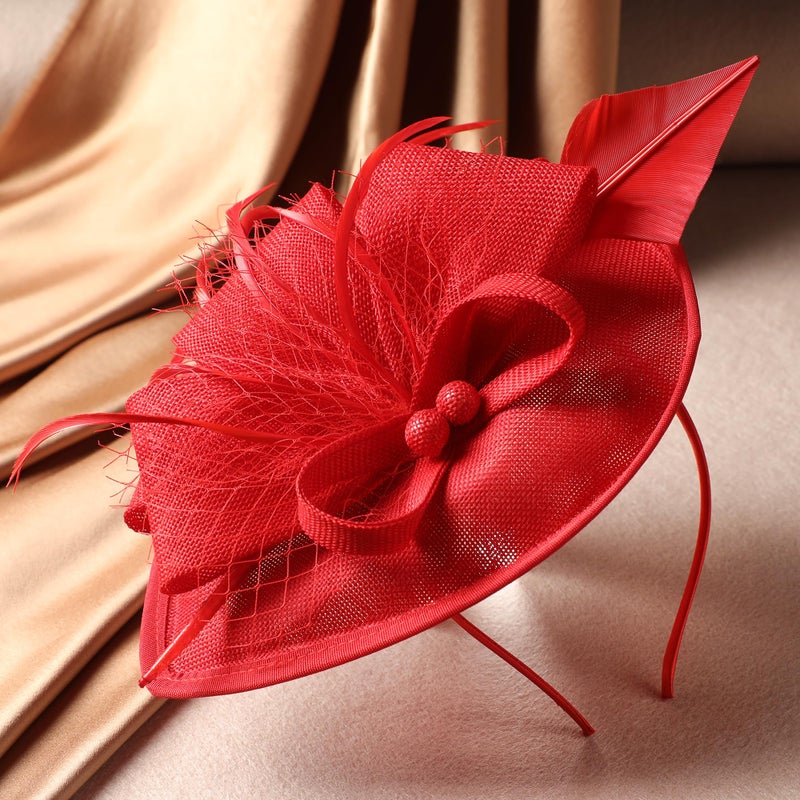 Zinniday Tea Party Hat for Women - Derby Fascinator with Detachable Headband (9.64â€œx7.87â€ / Head Circumference 21.5â€œ-23.5â€) - Lightweight Feather & Polyester Red - Image 4