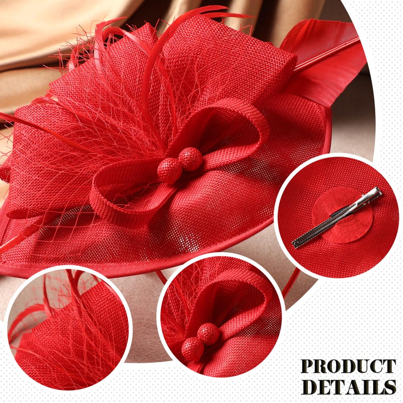 Zinniday Tea Party Hat for Women - Derby Fascinator with Detachable Headband (9.64â€œx7.87â€ / Head Circumference 21.5â€œ-23.5â€) - Lightweight Feather & Polyester Red - Image 5