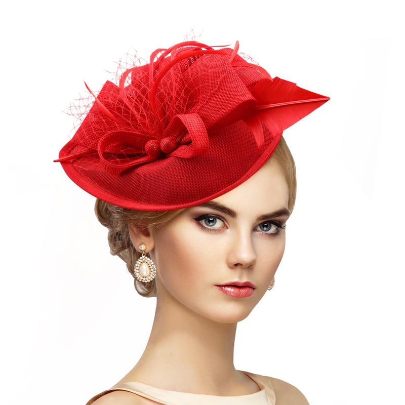 Zinniday Tea Party Hat for Women - Derby Fascinator with Detachable Headband (9.64â€œx7.87â€ / Head Circumference 21.5â€œ-23.5â€) - Lightweight Feather & Polyester Red - Image 1