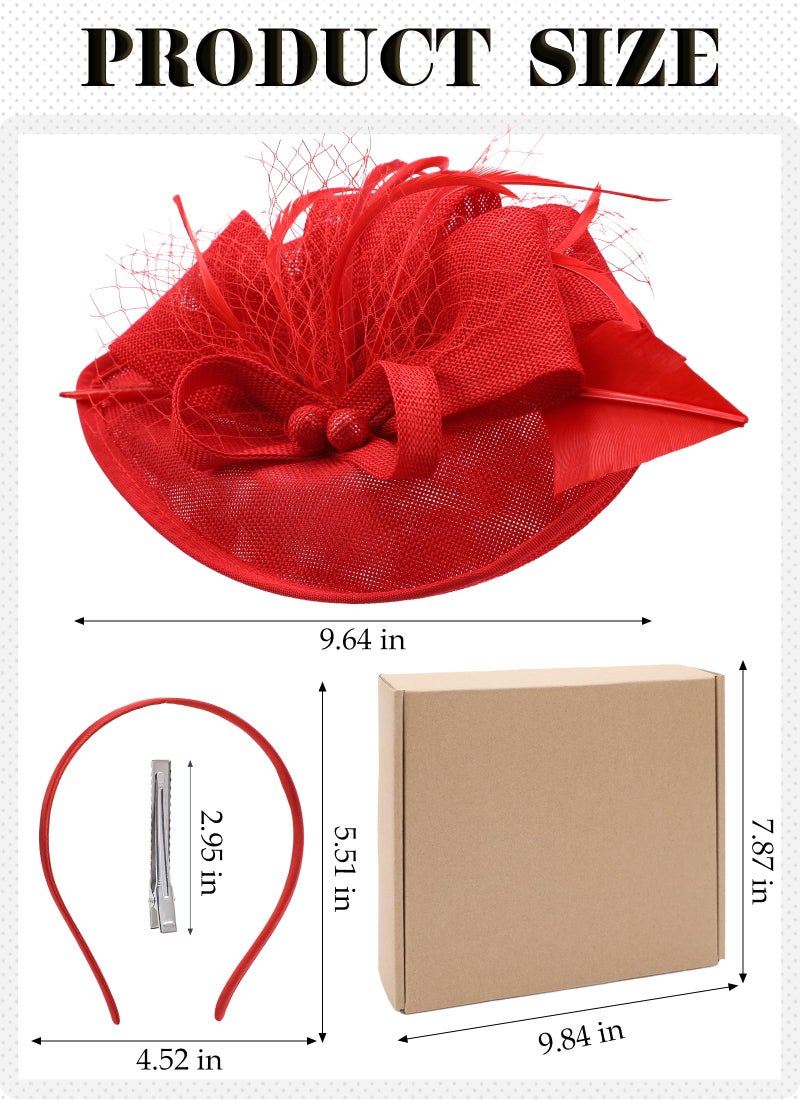 Zinniday Tea Party Hat for Women - Derby Fascinator with Detachable Headband (9.64â€œx7.87â€ / Head Circumference 21.5â€œ-23.5â€) - Lightweight Feather & Polyester Red - Image 2