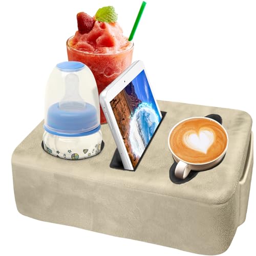 Nisdoing 4 Hole Couch Cup Holder Tray, Cup Holder for Bed Suitable for Cup Holders on Sofas, beds, Camping, RVs, Cars, and Beaches.Khaki - Image 1