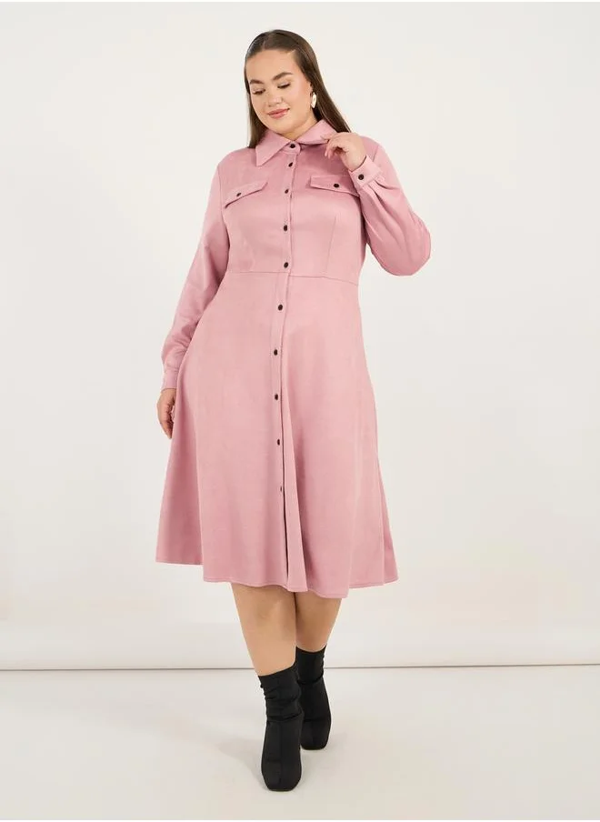 Styli Plus Size Suede Look Shirt Midi Dress with Buttons