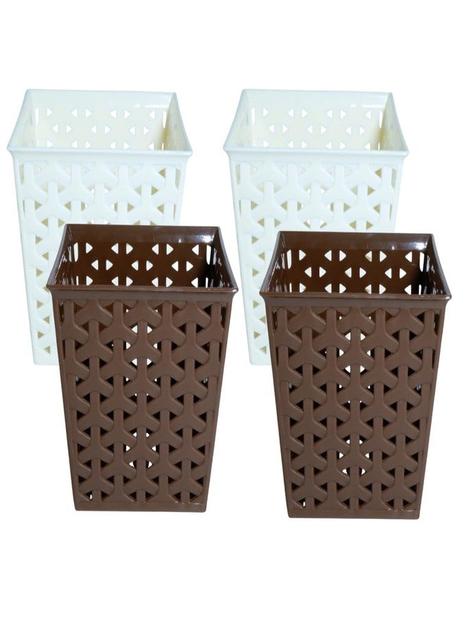 MORVI Linea Square Plastic Multipurpose Organizer For Kitchen, Bathroom, Salon, Office|Stationery,Cutlery,Pen,Makeup Brushes Holder|Hanging Toothbrush Stand |Pack Of 4 | WHITE BROWN - Image 1