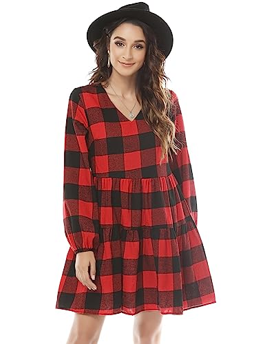 FANCYINN Womens Long Sleeve Buffalo Plaid Shift Tunic Dress Ruffle Hem Vneck Casual Swing Babydoll Mini Dress with Pockets Red & Black S - Image 4