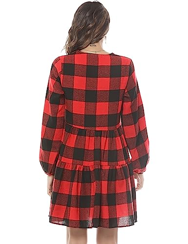 FANCYINN Womens Long Sleeve Buffalo Plaid Shift Tunic Dress Ruffle Hem Vneck Casual Swing Babydoll Mini Dress with Pockets Red & Black S - Image 3