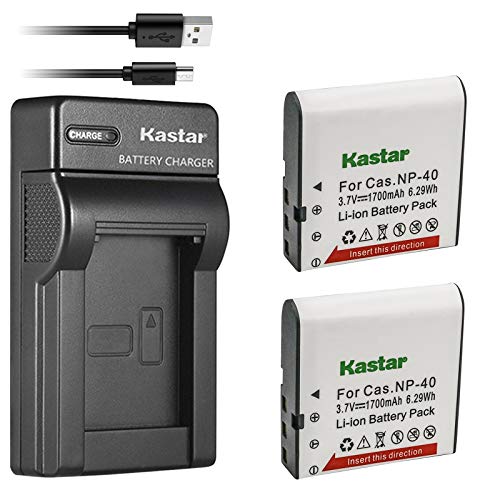 Kastar Battery (X2) & Slim USB Charger for Cas NP-40 and Exilim Z400 FC100 FC150 FC160S P505 P600 P700 Z100 Z1000 Z1050 Z1080 Z1200 Z200 Z30 Z300 Z40 Z450 Z50 Z500 Z55 Z57 PRO EX-Z600 Z700 Z750 Z850 - Image 1