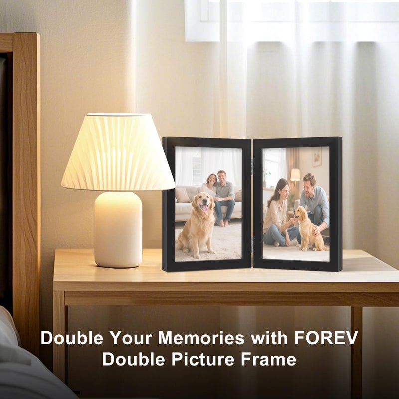 FOREV 4x6 Double Picture Frame Wooden Hinged Photo Frame Definition Glass Stand Vertically on Desktop or Tabletop Black - Image 2