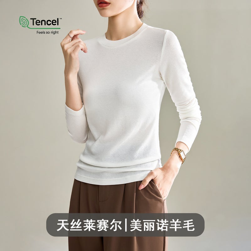 Wool Tencel Lyocell Fitted Round Neck Womens Tee for Summer White long sleeves (slightly translucent) 
