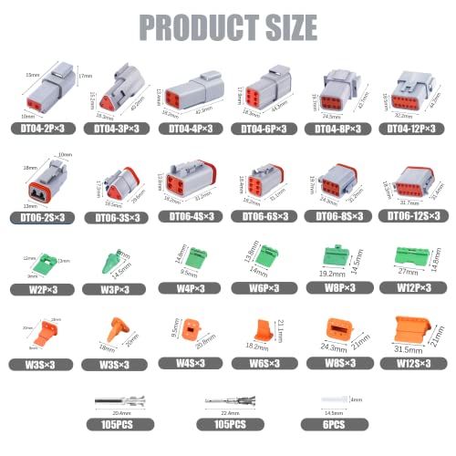 Cedolio 288 PCS Deutsch Connector Kit 3 Pairs,2 3 4 6 8 12 Pin Grey Waterproof Electrical Connector with Stamped Contacts and Seal Plugs for Truck, Off-Road Vehicles, Agriculture, Marine, Motorcycle Wiring. - Image 3